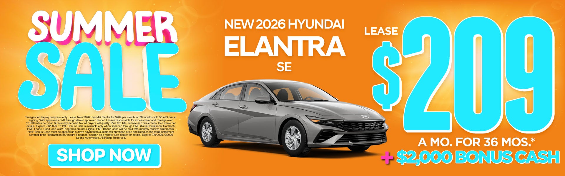 New 2026 Hyundai Elantra SE	Lease $209 / 36 MO* + $2,000 BON